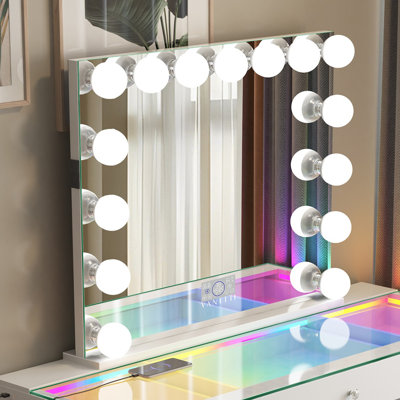 Makeup Vanity Mirror with Dimmable Bulbs Lights Bluetooth Tabletop Wall Mount Metal White