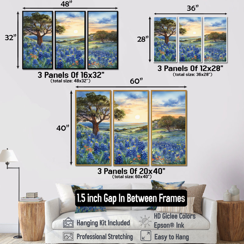 Gattilier - ensemble d'art mural Blue Bonnets, H 28 po x l 36 po x P 1 po, Silver Floater Framed