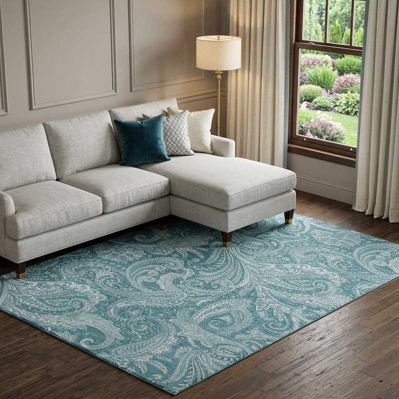 Tapis lavable 8 pi x 10 pi à motif cachemire turquoise et ivoire avec protection UV