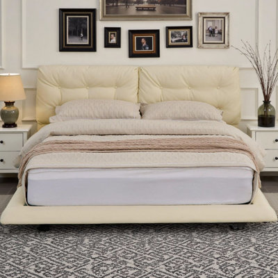 Structure de lit flottant pour grand lit avec lumières DEL, lit plateforme en similicuir avec tête de lit capitonnée