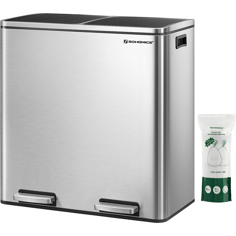 16 Gallon Silver Stainless Steel Dual Compartment Kitchen Trash Can