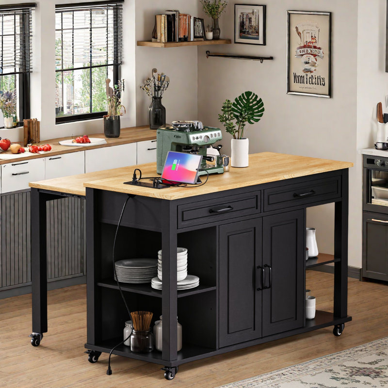 Kitchen Island With Extendable Dining Table, Internal Storage Rack, Power Outlet, 2 Drawers, 2 Cabinet And Open Shelves