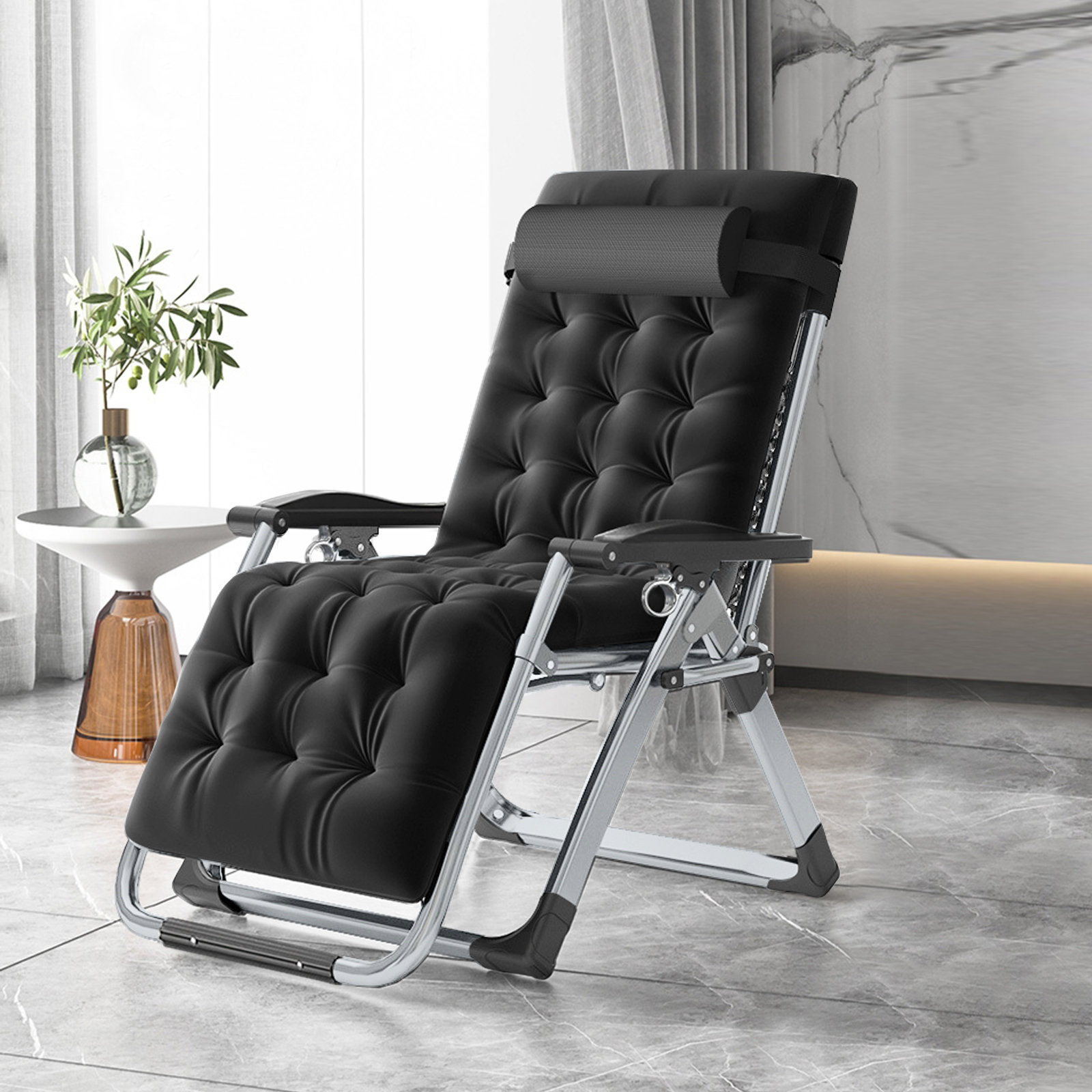 Kalvn Zero Gravity Reclining Chair, Folding and Portable with Detachable Cushion, Headrest and Cup Holder Arlmont & Co. Color: Dark Gray/Black