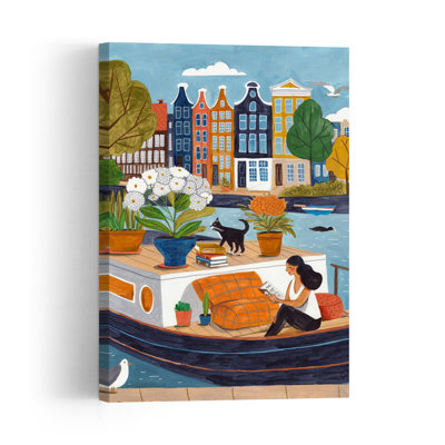 Amsterdam City Life On A Houseboat Colorful Peaceful Serene Bird Cat City Landscape Wall Art Print 1 Piece Wrapped Canvas Wall Art