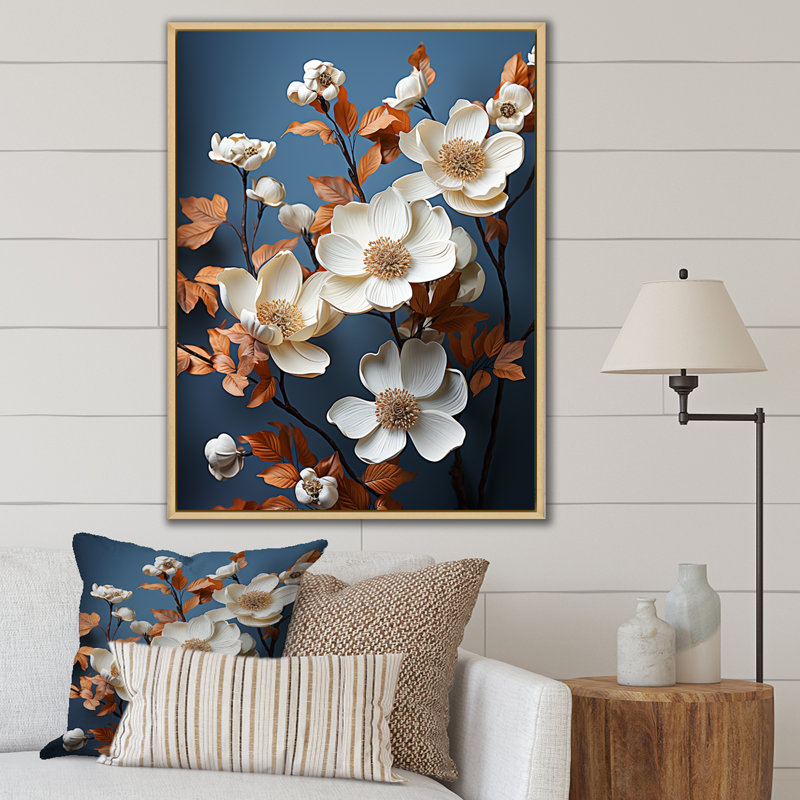 Douces fleurs de cornouiller sur toile, Cadre naturel flottant, H 44 po x l 34 po x P 1,5 po