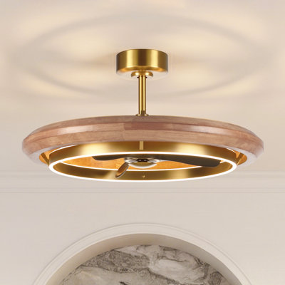 33" Solid Wood Gold Caged Ceiling Fan With Dimmable LED Lights And Remote Control