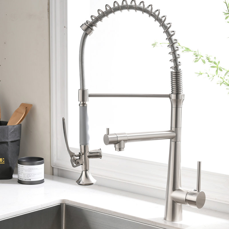 Modern Brushed Nickel Kitchen Sink Faucet With Pull Down Spring Spout And Pot Filler Feature Spot Commercial Style Pre-Rinse