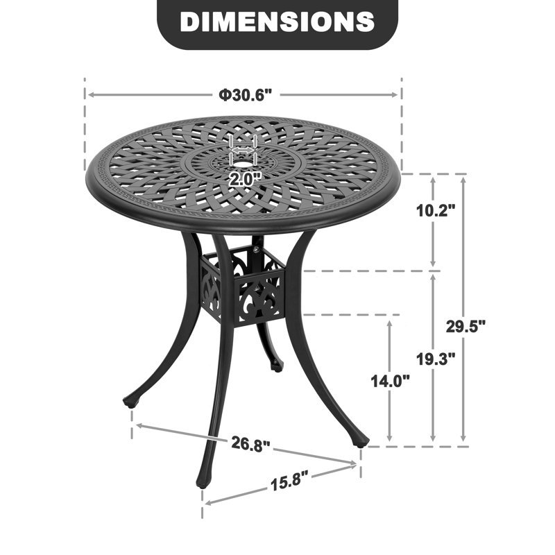 Table bistro d'extérieur 31 po en aluminium coulé avec trou pour parasol 1,97 po
