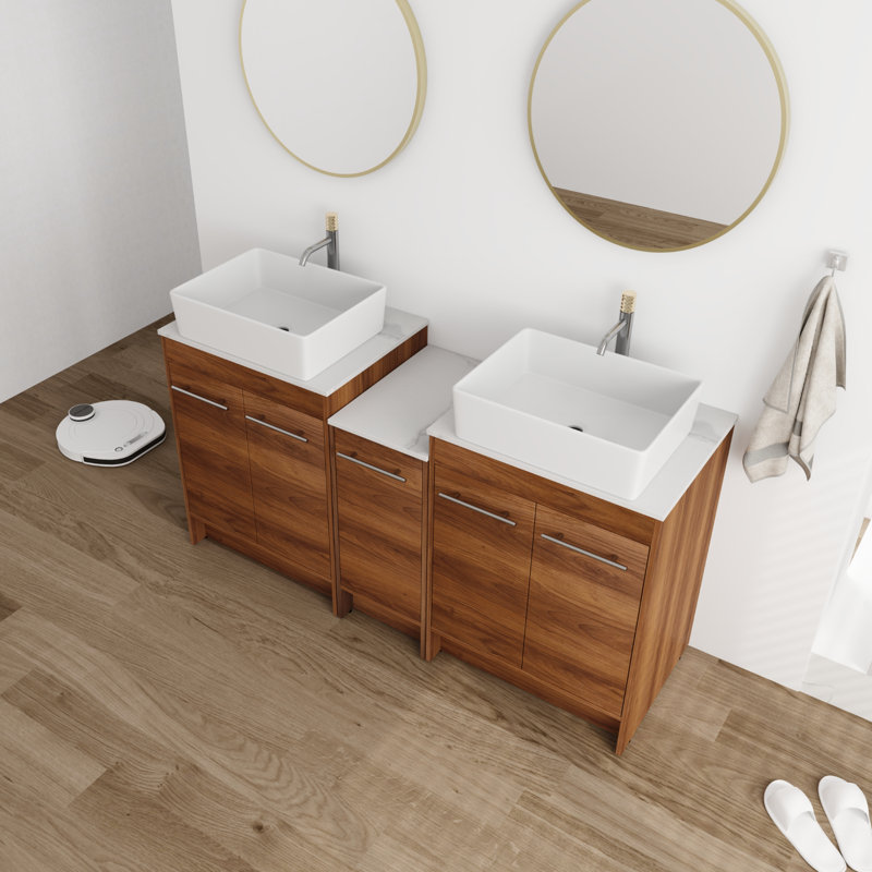 Meuble-lavabo double 59,2 po avec plateau en pierre Dhrampla