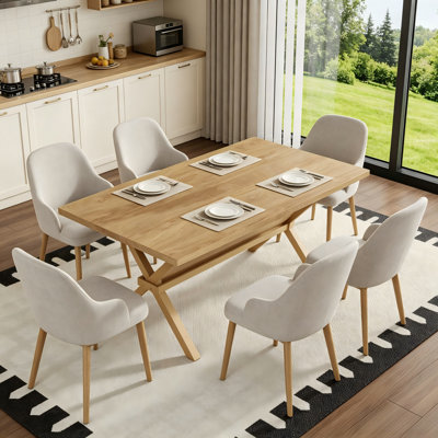 Light-Colored Wood-Paneled MDF Tabletop, Metal X-Shaped Support, Simple And Elegant Dining Table, Seats 6-8 People.
