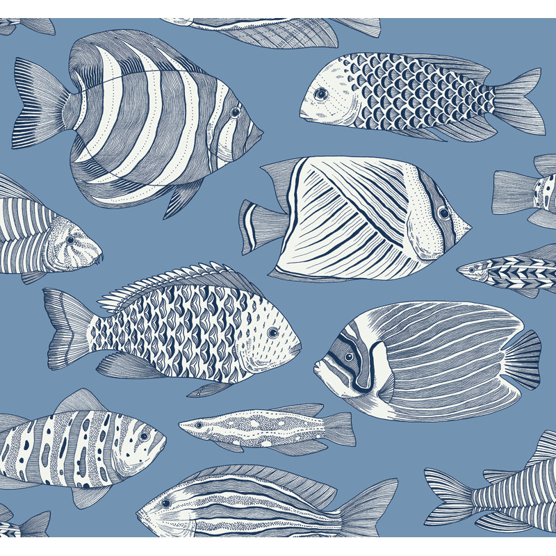 Mexia, Wailea Indigo Tropical School 27' L X 27" W, Wallpaper Roll, Sky Blue