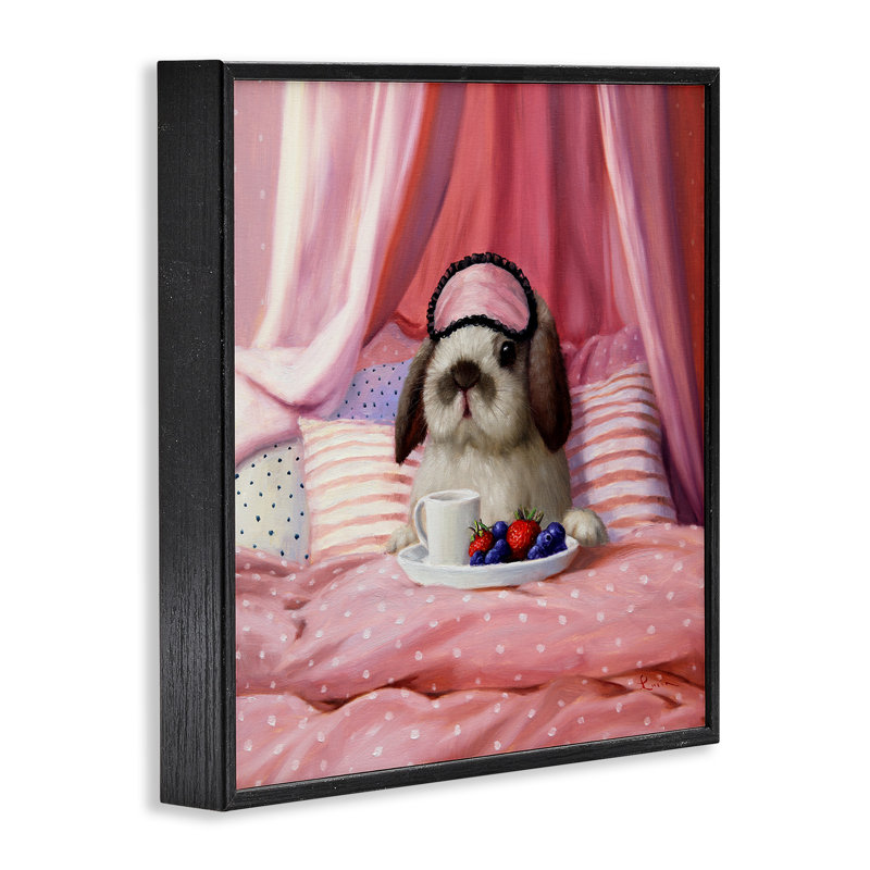 «Adorable House Bunny Rabbit déjeuner au lit rose» par Lucia Heffernan - impression, H 12 po x l 12 po