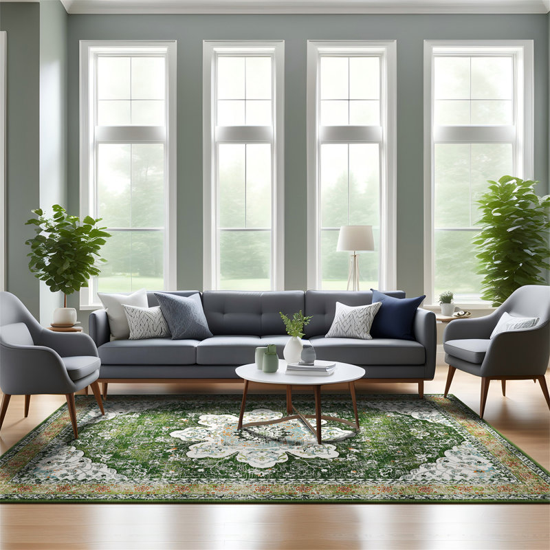 Machine Washable Non-Slip Green Oriental Area Rug, Rectangle 9' x 12'