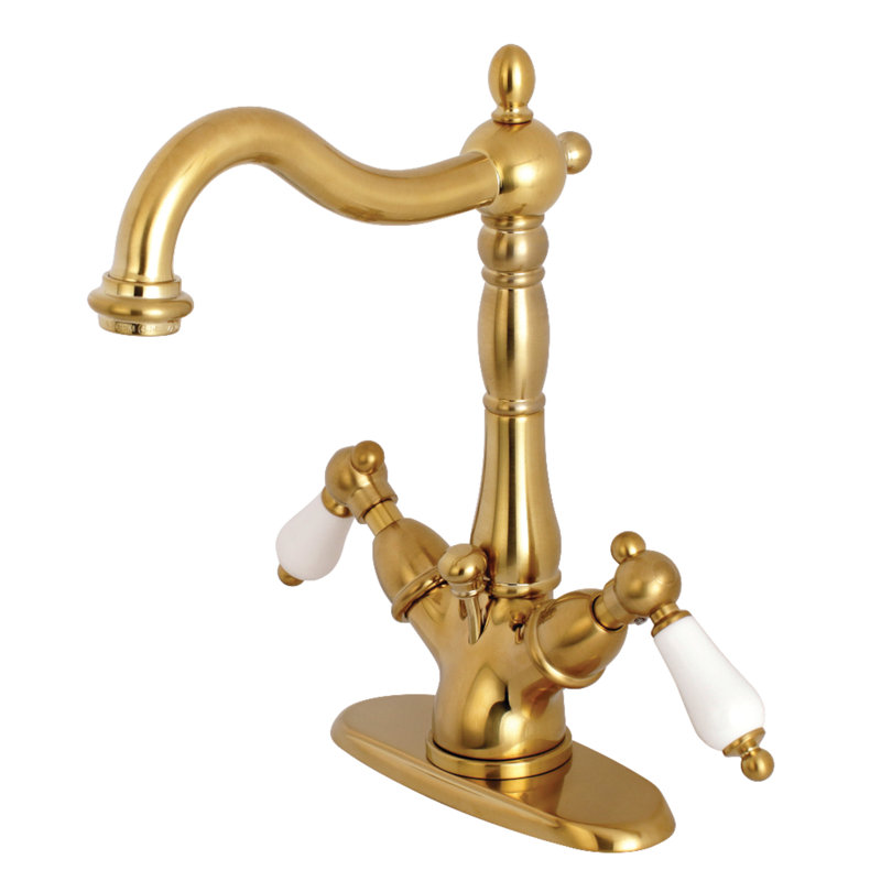 Kingston Brass Heritage Two-Handle 1-or-3 Hole Deck Mount Bathroom Faucet with Brass Pop-Up
