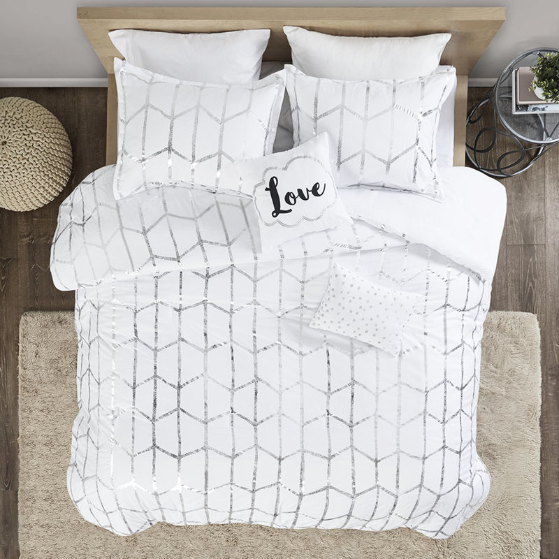 Édredon pour lit simple / simple TG - blanc avec imprimé géométrique argenté, microfibre confortable, 2 taies décoratives, coussins décoratifs, fer à repasser durable et infroissable pour les plis