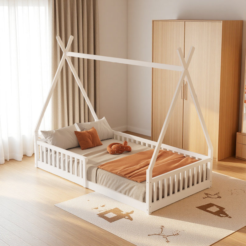Twin Size Wood House Bed With Fence, White