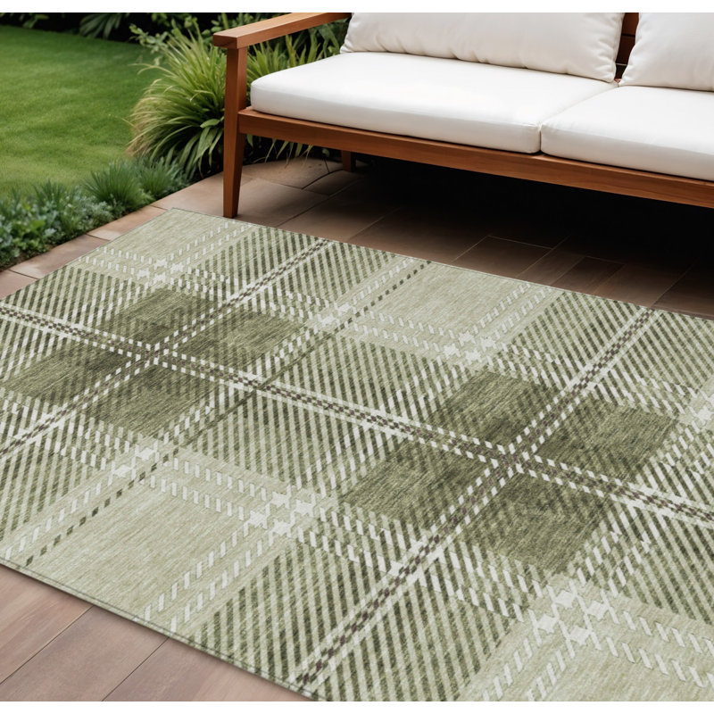 Tapis d'intérieur / extérieur 10 pi x 14 pi vert / brun artichaut lavable à carreaux ivoire