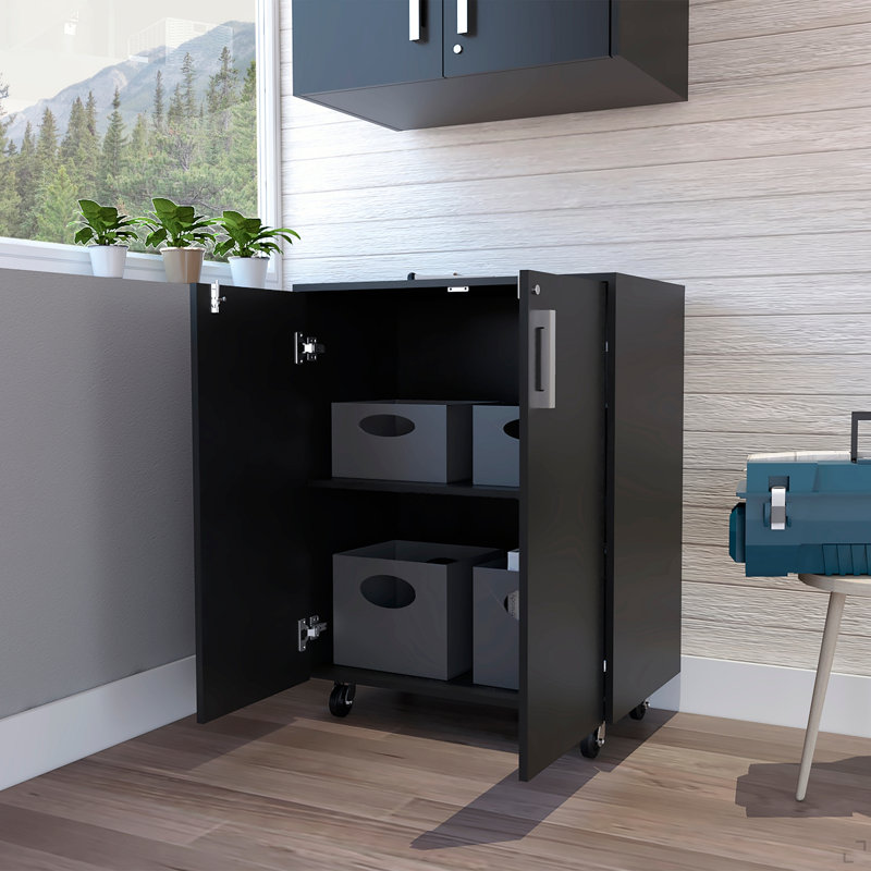 Armoire de rangement, roulettes, porte double, deux tablettes intérieures - noir