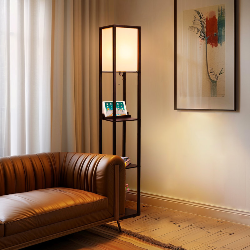 Maxwell 63 in. 3-Shelf Modern USB and Wireless Charging LED Floor Lamp with Fabric Square Shade, Brown