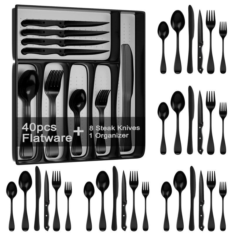 Ensemble de couverts 49 pièces en acier inoxydable avec rangement pour couverts, Noir, noir, noir, noir