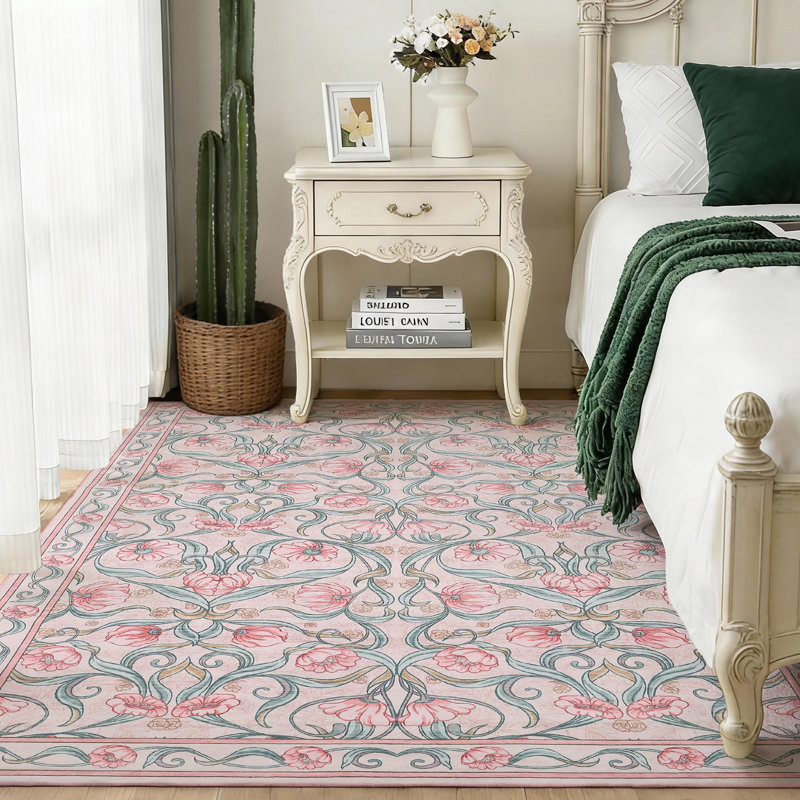 Area Rug, Floral Washable Rugs, Modern Style, Non-Slip Low-Pile Soft Floor Carpet for Bedroom, Living Room, Dining Room
