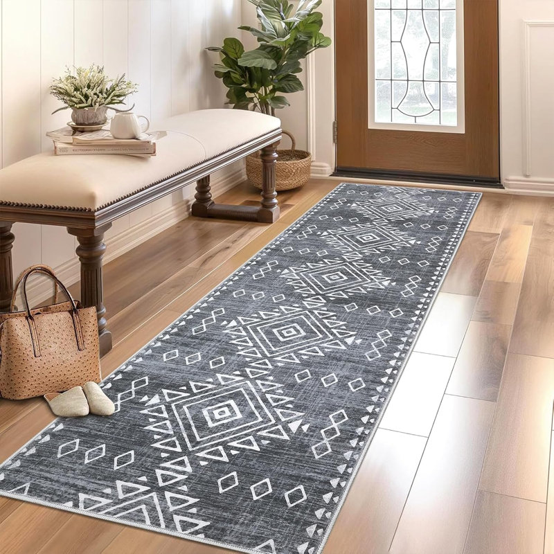 Geometric Vintage Hallway Runner Rug, Machine Washable Non-Slip Low Pile, Distressed Tribal Carpet for Entryway, Red