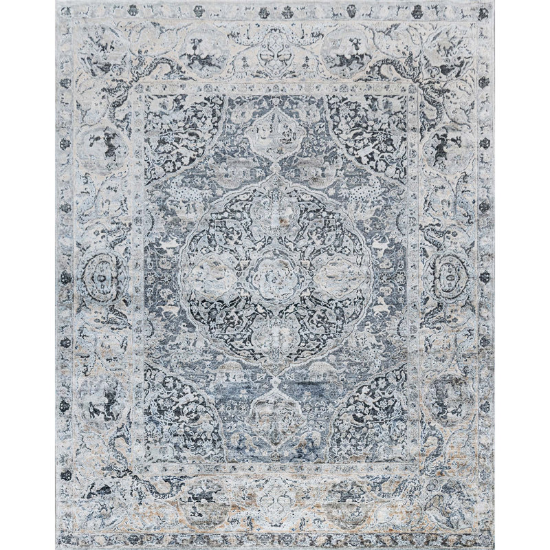 Oriental Area Rug in Blue/Gray/Ivory, Rectangle 9' x 12'