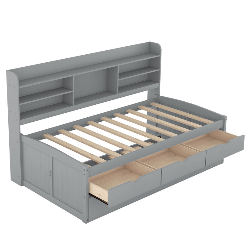 Grey Twin Wooden Bed With Built-In Shelving Units, 3 Storage Compartments And Trundle Size In Bookcase Drawers +, Gray, Twin
