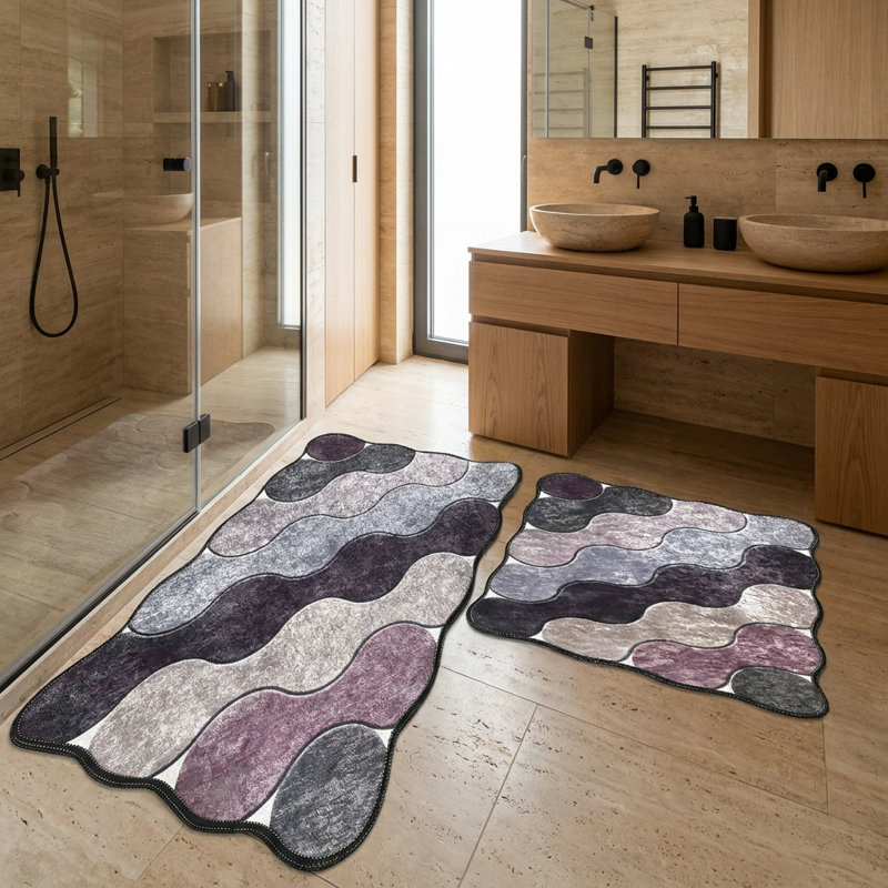 Aveline Wavy Pebble Rectangular 2-Piece Bath Mat Set in Lilac & Grey