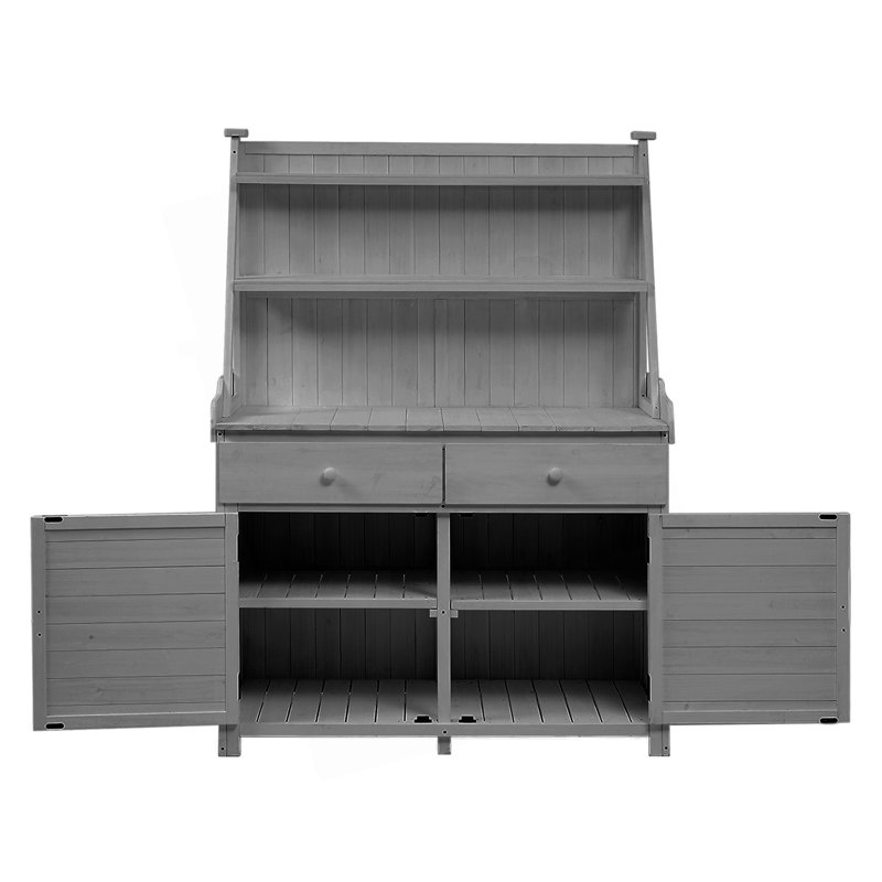 Banc de jardin, poste de travail avec tablette de rangement, tiroir et armoire, Gris