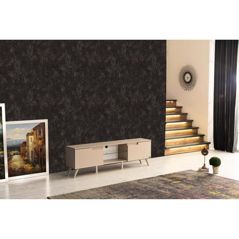 Meuble télé de 66 pouces, de style moderne du milieu du siècle, beige, avec 2 portes et 1 tablette en verre, en bois massif.