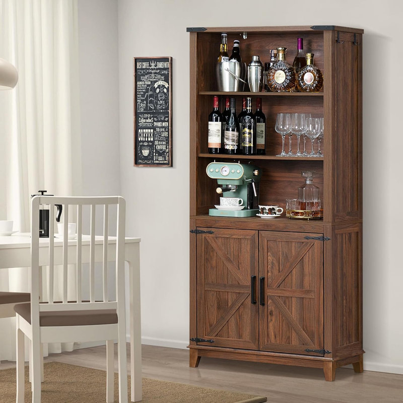 70in Tall Bookshelf 5 Tier Bookcase with Barn Doors and Adjustable Shelves, Farmhouse Book Shelf, Brown