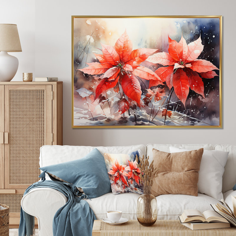 «Poinsettia Flower Expressions An I», reproduction d'art sur toile, H 24 po x l 32 po x P 1 po, Cadre flottant doré