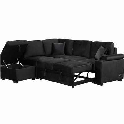 Canapé-lit de 84,75 po, canapé-lit coulissant 2 en 1 avec canapé en forme de L et repose-pieds avec rangement, adapté au salon, à la chambre à coucher et à l'appartement, noir