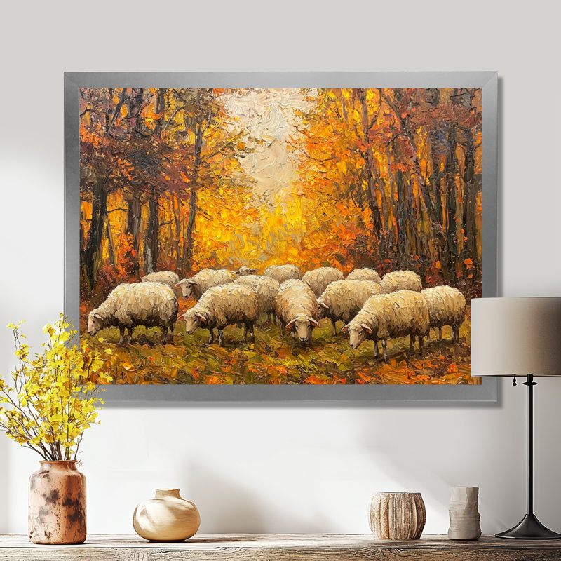 Durasoff, automne, pâture de famille de moutons - Art mural, Reproduction encadrée d'une seule photo, Argent argent