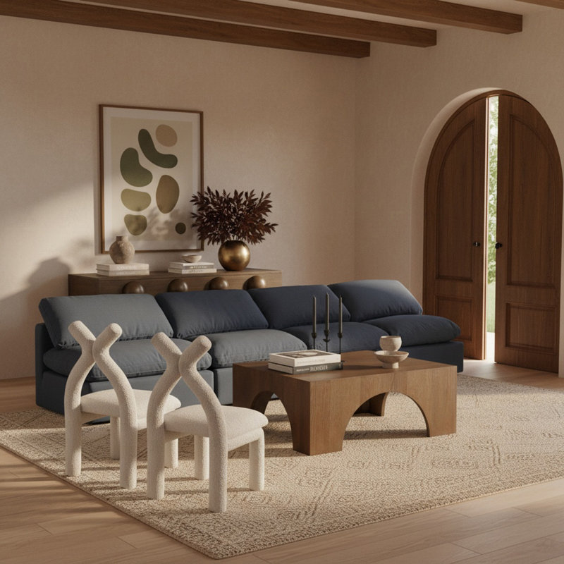 Canapé rembourré 140 po Itala, Tissu texturé en lin bleu marine
