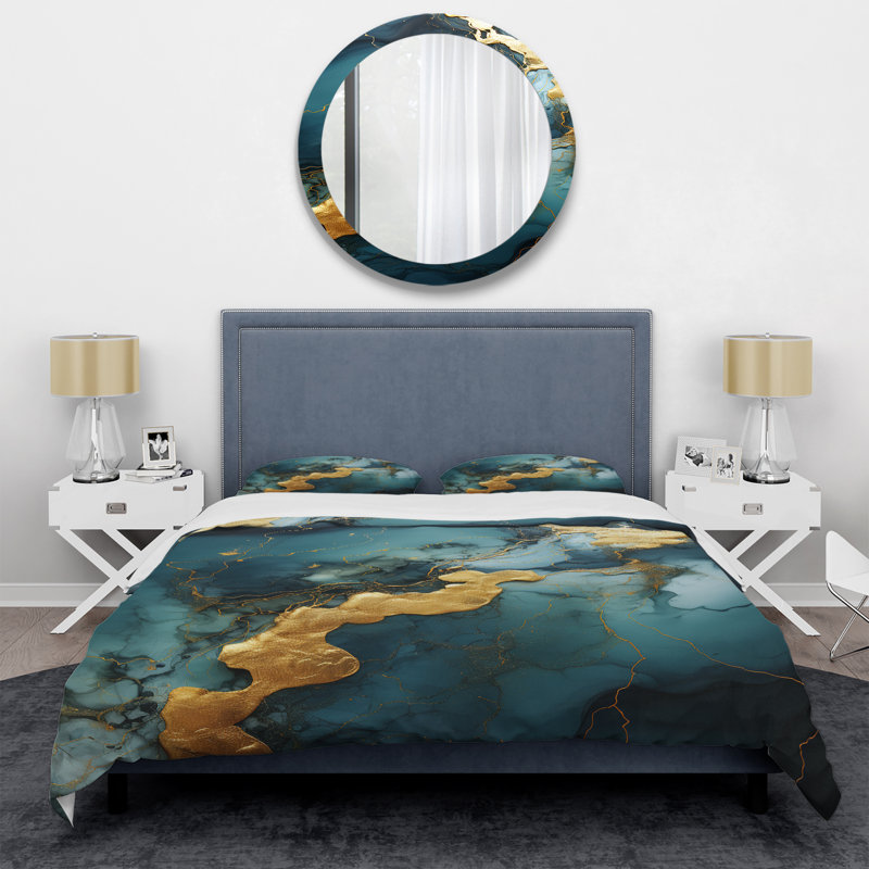 Ensemble de housse de couette en marbre abstrait doré et vert V, Housse de couette simple + 1 taie décorative stan