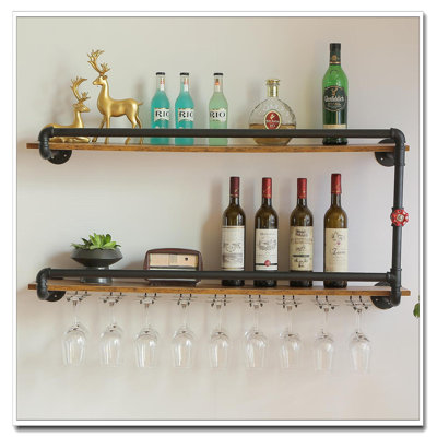 41 Inch 2-Tier Wall Mounted Wine Rack - Black Industrial Rustic Pipe, Floating Bar Shelves With Under-Glass Holder (Kitchen)