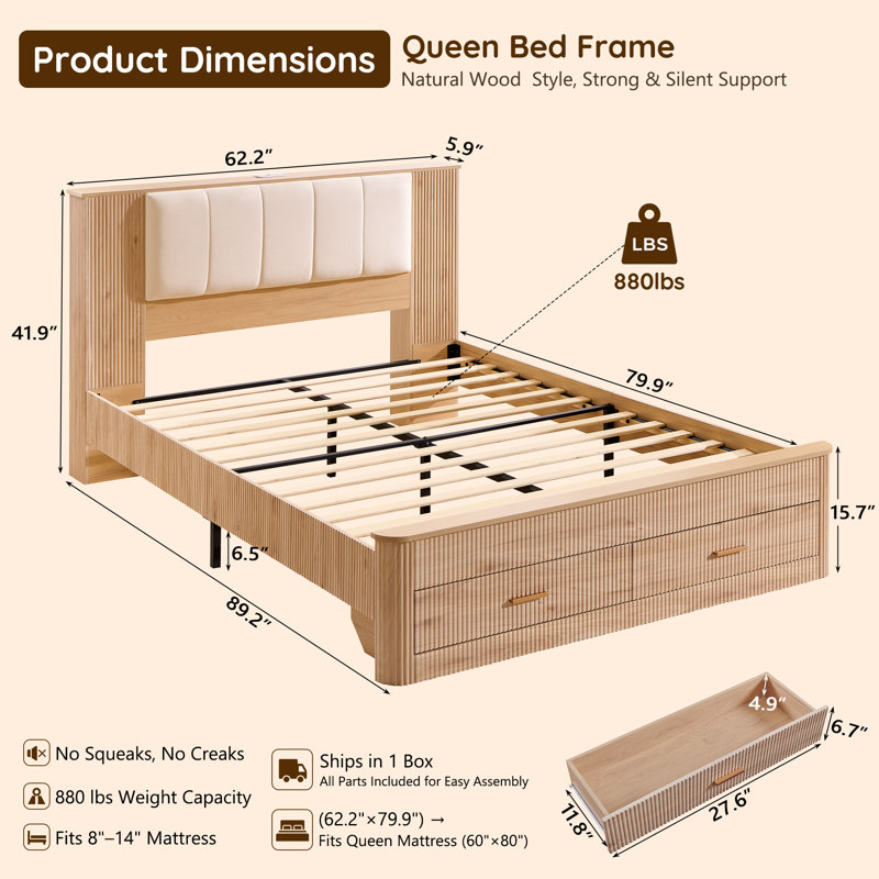 Queen Modern Platform Bed Frame With Storage Drawers & Charging Station, Upholstered Headboard With Usb Ports & Outlets, Sturdy Wood Slat Support, No Box Spring Needed, Easy Assembly, Light Oak