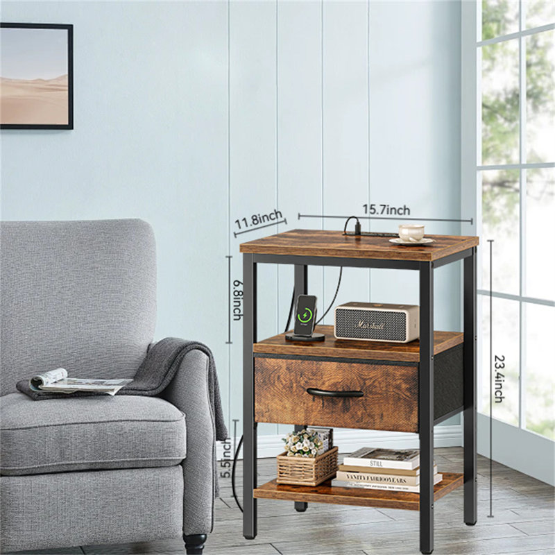 Multi-Functional Bedside Table With Charging Station & Adjustable Fabric Drawer, Rustic Brown/Black