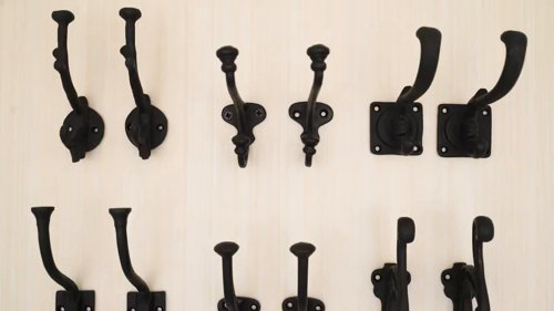 Pair Big Victorian Wall Hooks in Black Cast Iron Coat Hangers