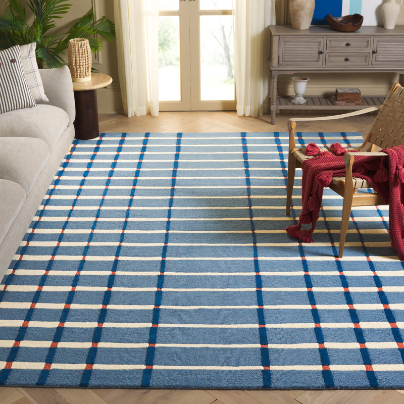 Zoticus Handtufted Wool & Cotton Striped Rug in Blue/Ivory, Rectangle 9" x 12"