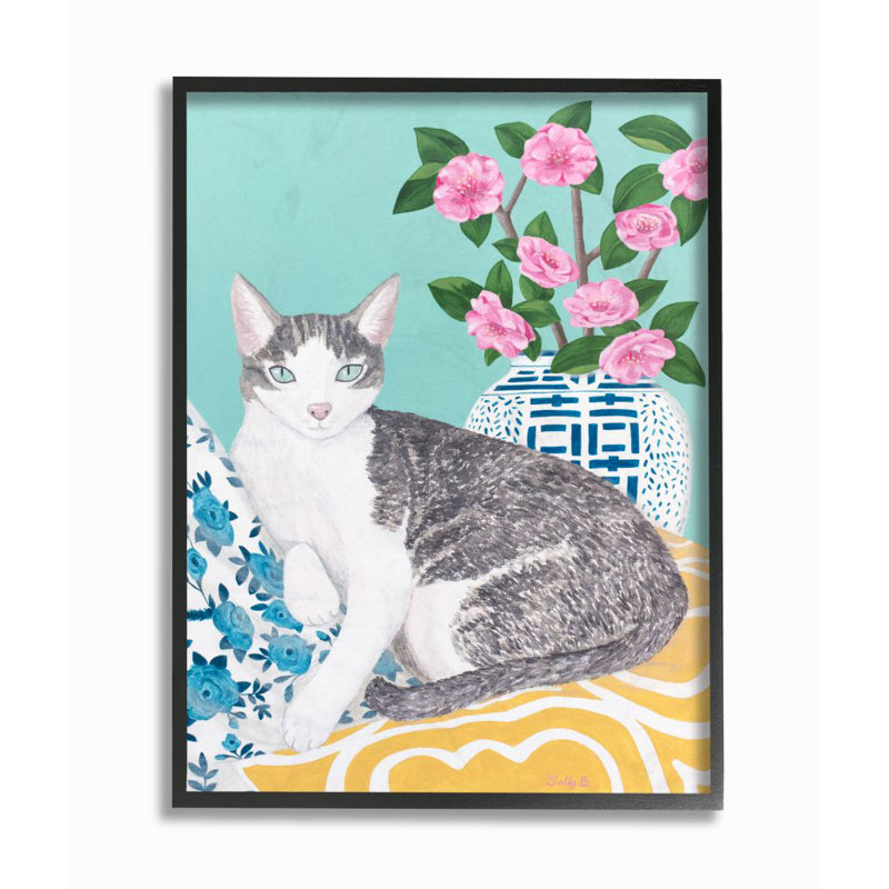 «Cat with Cushion and Vase Pastel Animal» par Sally B - reproduction d'art, H 30 po x l 24 po x P 1,5 po