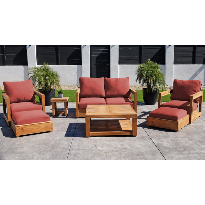 Chatsworth Outdoor 7 - Piece Teak Conversation Set, Table, Loveseat, 2 Chairs, 2 Ottomans, Side Table, Henna Sunbrella®