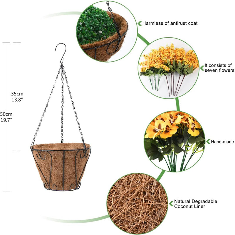 Fleurs artificielles en soie dans un panier suspendu
