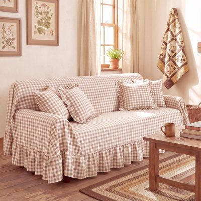 Gingham Couch Cover with Ruffle,118x 71 (Green)