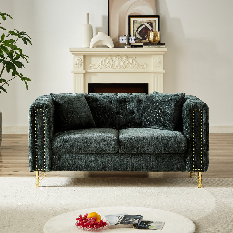 Chenille de 60 pouces pour esprit de salon, conception à boucle, boutons, accoudoirs décoratifs en cuivre, canapé rembourré moderne et pieds en métal