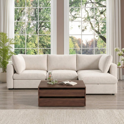 Sheley 120'' Upholstered Cloud Modular Sectional with Storage Ottoman & Wood Coffe Tabale
