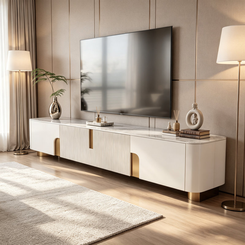 79'' Modern Beige Rectangular TV Stands with 4 Storages, Glossy Pandora Sintered Stone Table Top, Not Assembly Needed