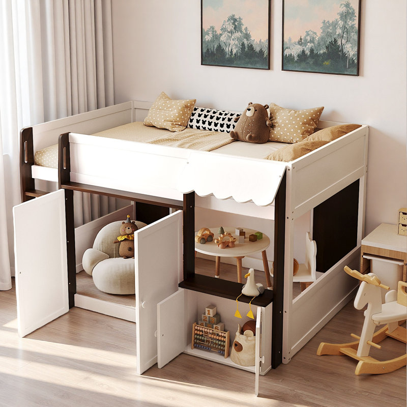 Lit mezzanine moderne avec maisonnette et rangement, Espresso/blanc